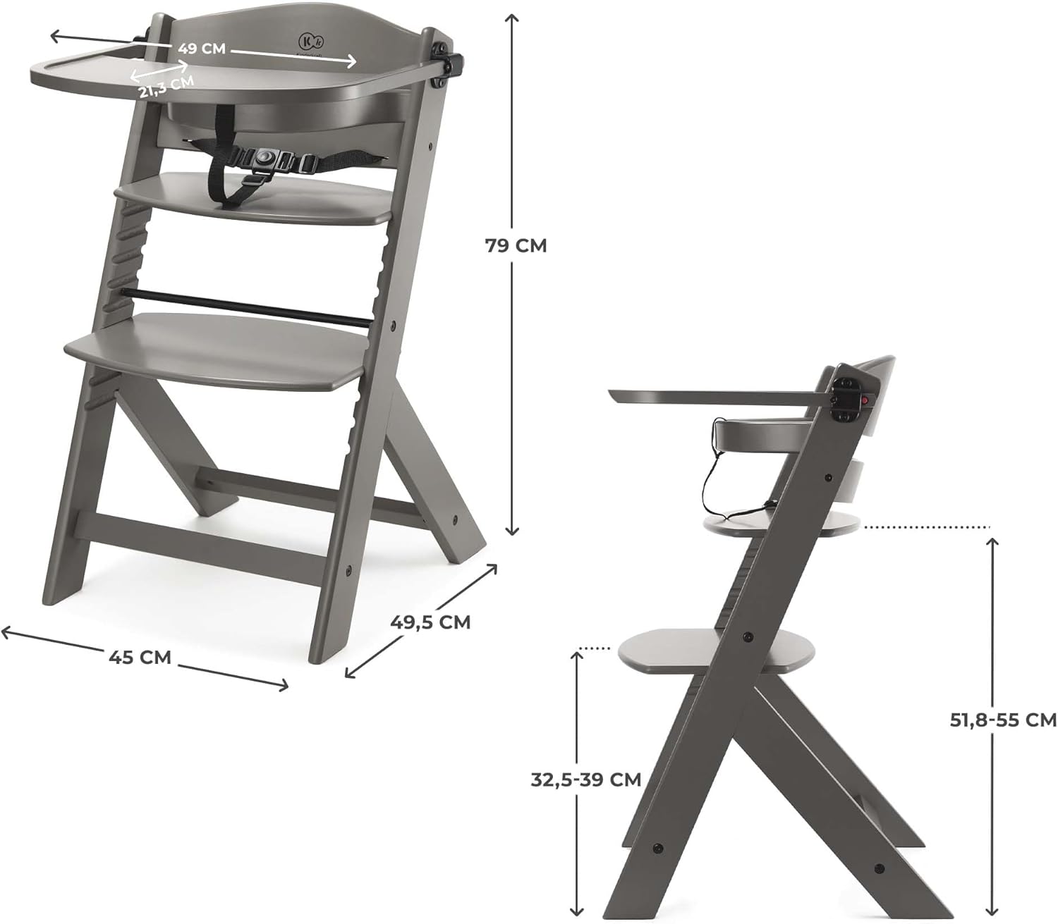 Kinderkraft - chaise haute ENOCK - bois naturel - 3 en 1, évolutive, réglable, plateau, très solide