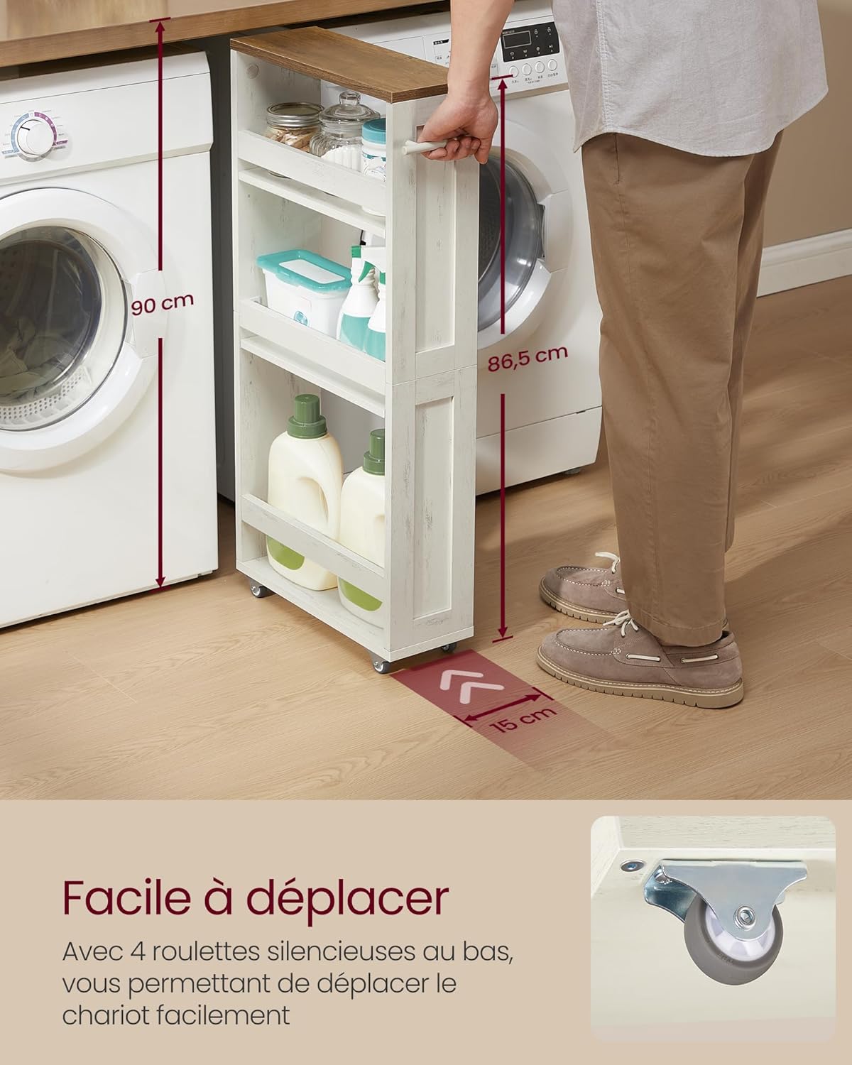 VASAGLE - chariot de rangement 4 niveaux, 15x43,2x86,5 cm, poignée et roulettes, LRC050K01