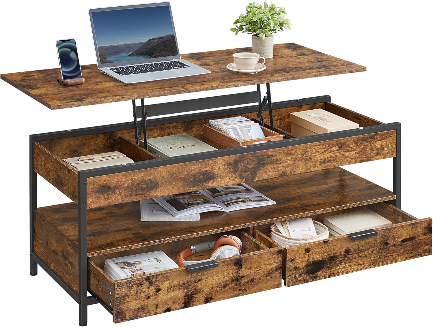 VASAGLE - table basse série LCT252K01 - 50x120cm - plateau relevable, tiroirs, compartiment caché