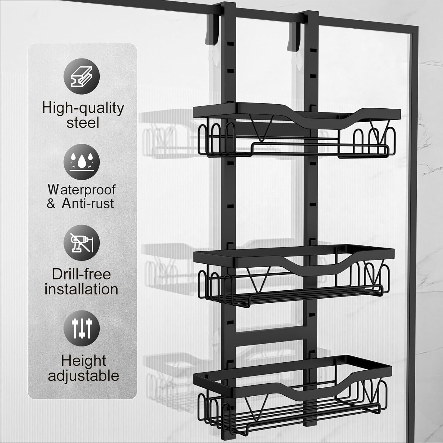Étagère de douche suspendue - 3 paniers réglables - noir - sans perçage