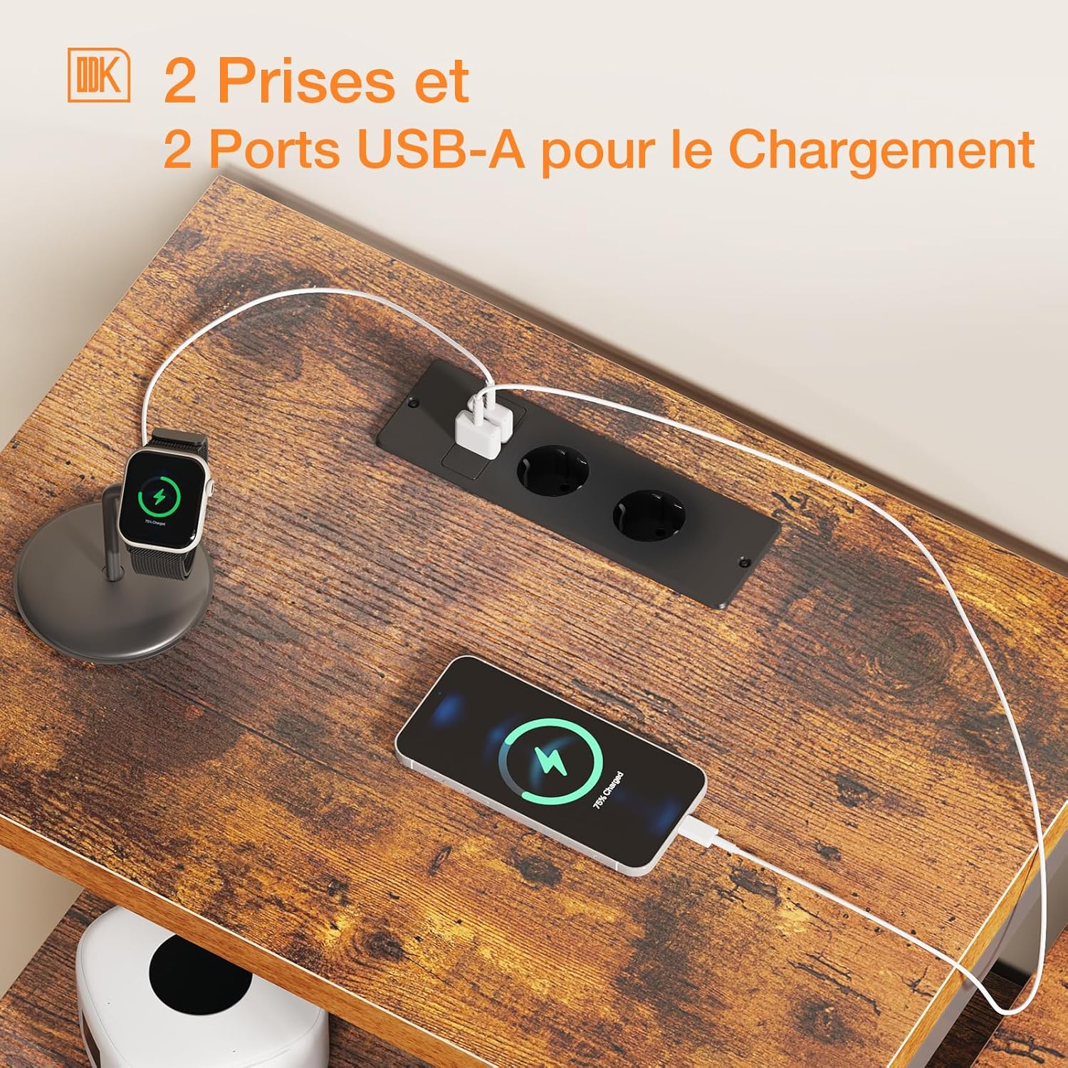 ODK - commode chambre vintage et noire - 132x30x88 cm - 2 ports USB, 2 AC, armoire à tiroirs multifonction