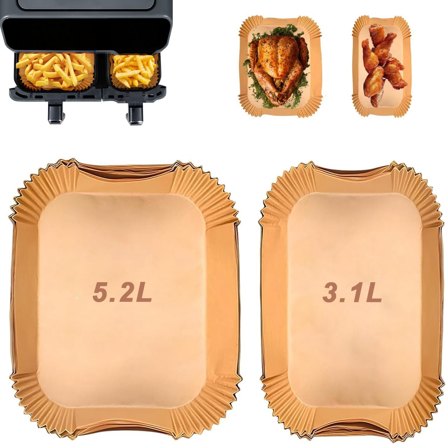 Papier cuisson air fryer - compatible Moulinex, Philips, Lakeland - 5,2/3,1L - lot de 100 feuilles antiadhésives EZ90182