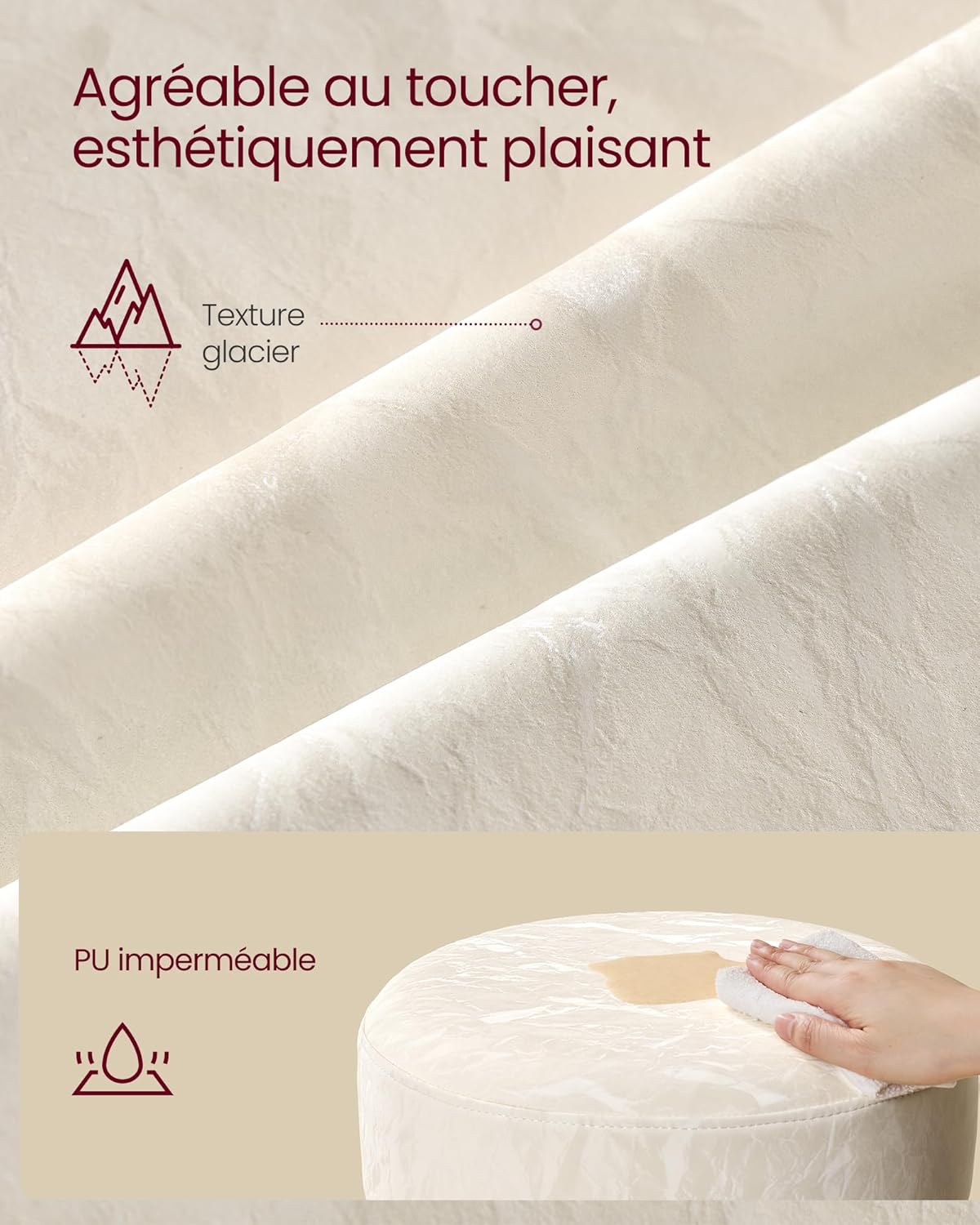 VASAGLE - tabouret réglable PU, blanc crème, coussin épais, 360°, LJB120W01