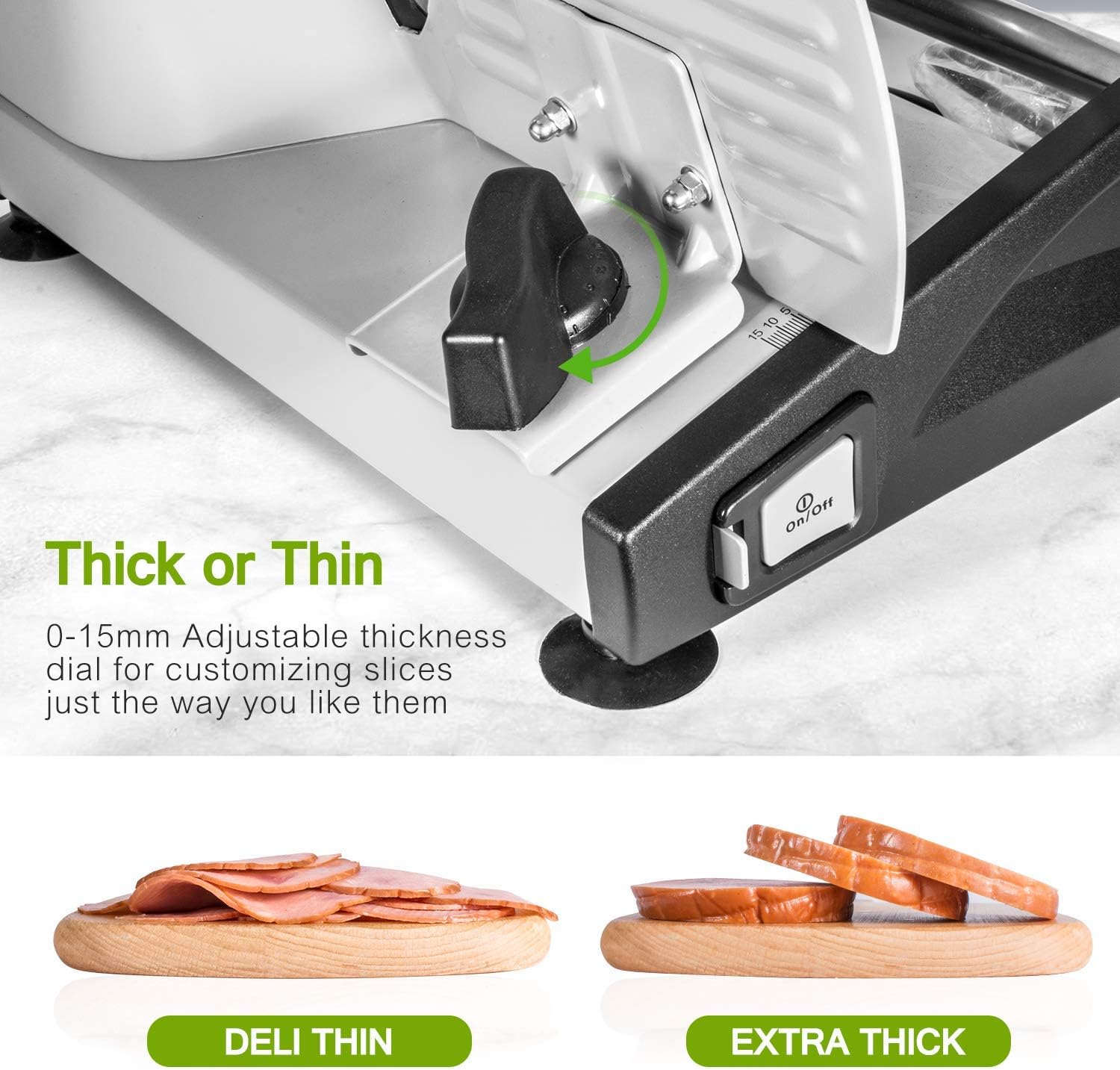 Trancheuse électrique - lame inox, épaisseur 0-15mm, 150W, sécurité enfants