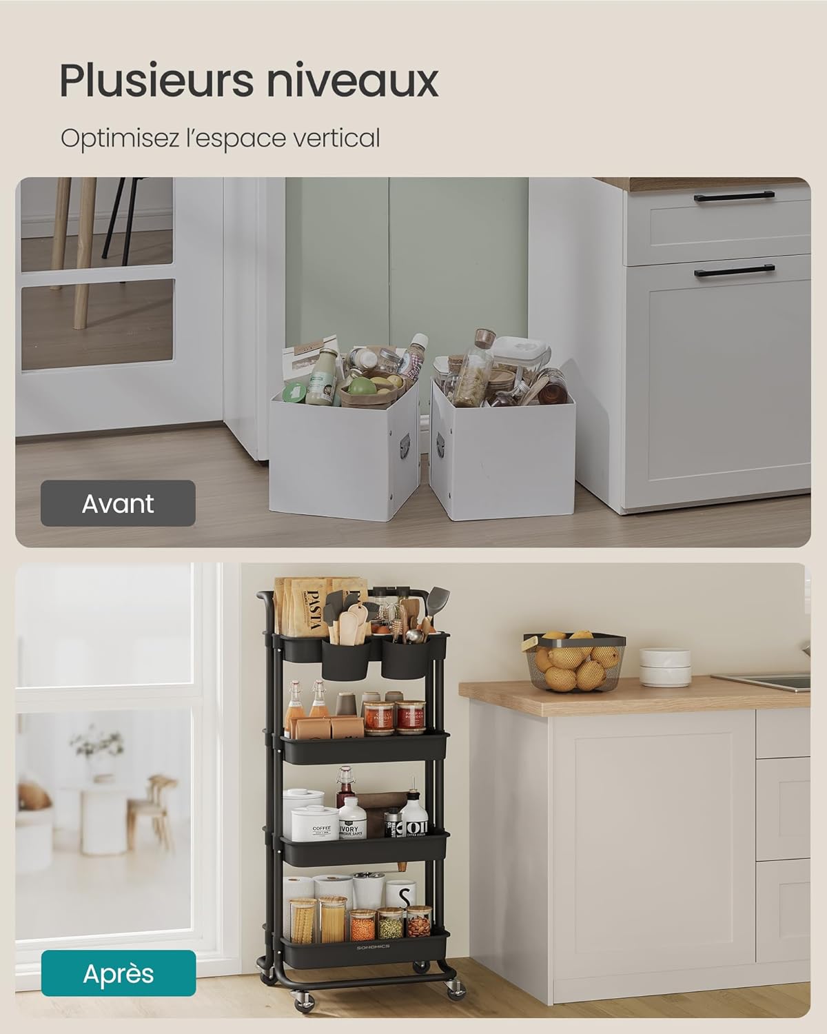 SONGMICS - Chariot 4 niveaux, roulettes, poignée, 2 pots, freins, 59x39x86 cm - BSC077BZ01