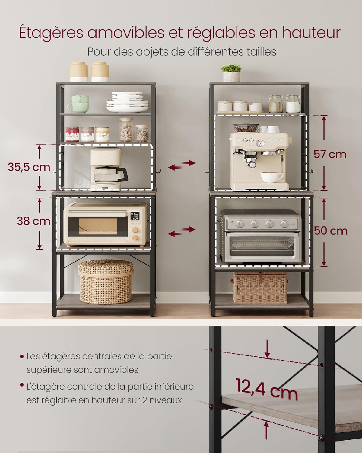 VASAGLE - étagère cuisine 40x60x167 cm, 6 niveaux, 6 crochets, acier, KKS024B02