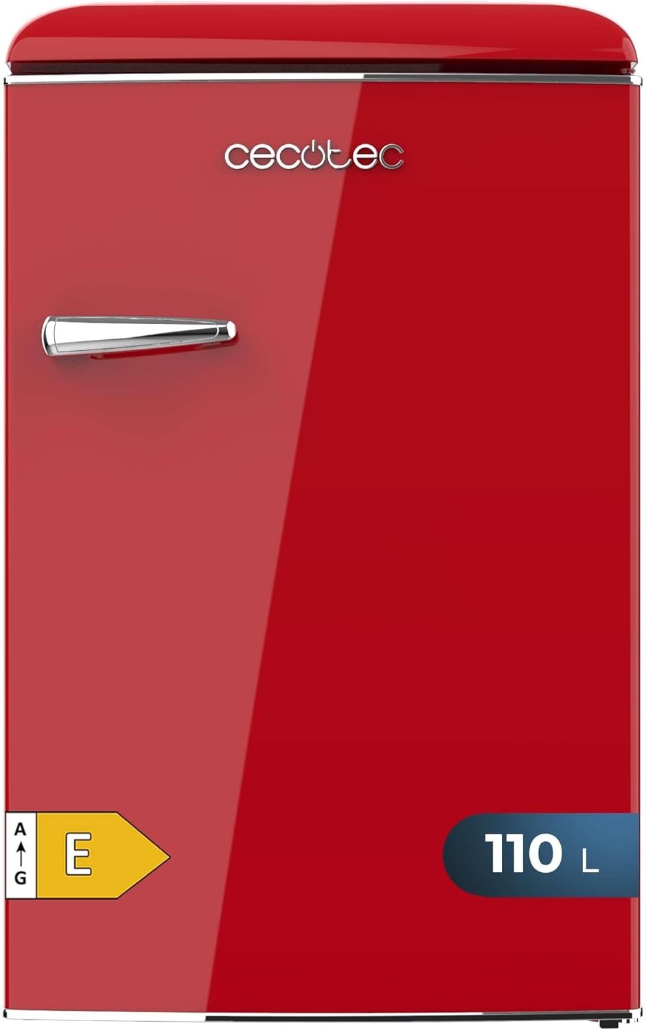 Cecotec - Bolero CoolMarket TT - 110L - mini frigo rétro, classe E, éclairage LED, poignée chromée, étagères verre, roug