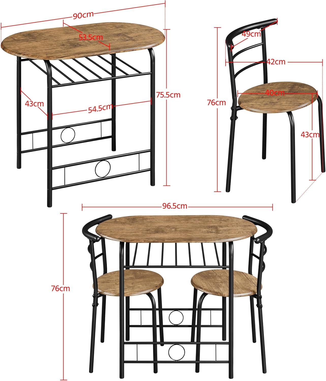 Yaheetech - Ensemble table ronde 3 pièces - 90x53x75,5 cm - bois MDF métal, porte-bouteilles