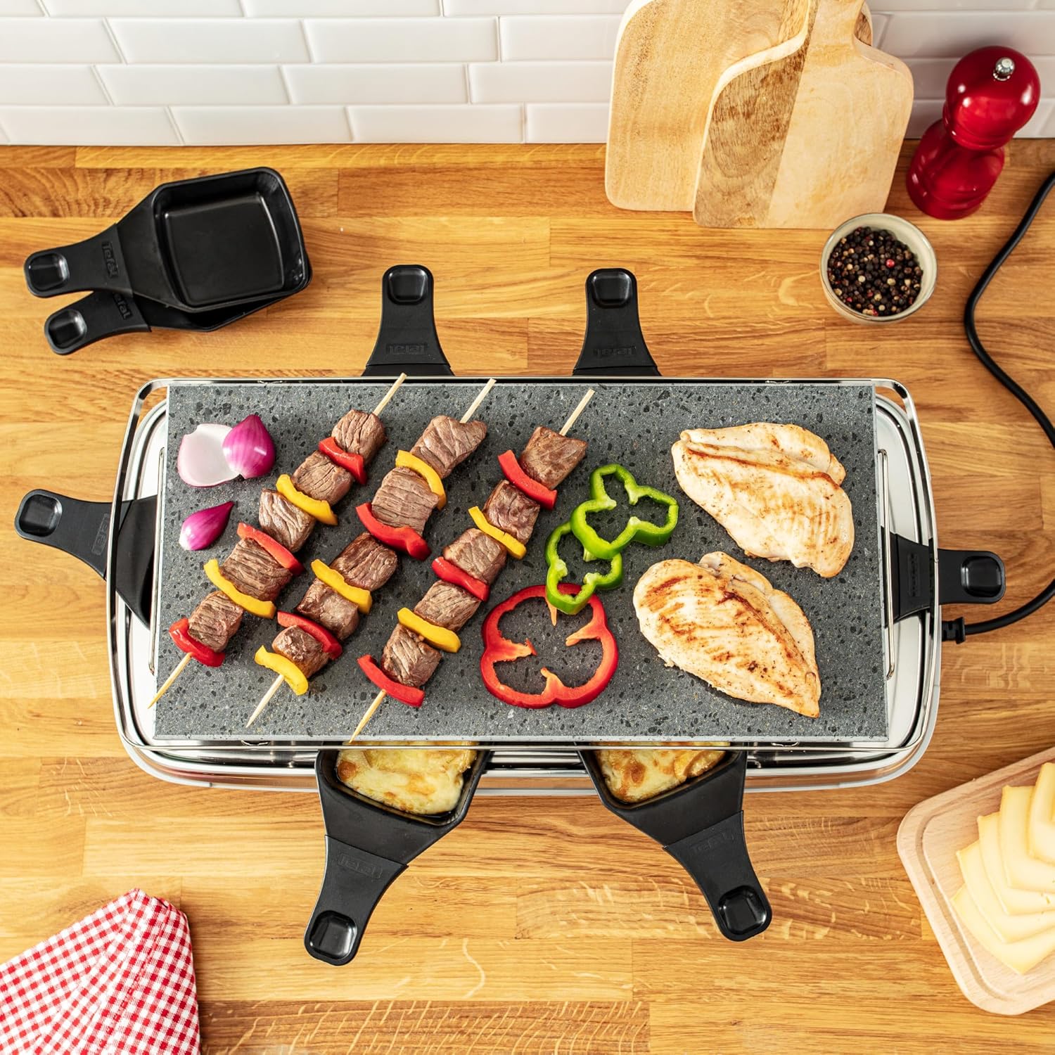 Tefal - Raclette Pierrade PR620D12 - 8 coupelles profondes, pierre naturelle, 1350W, pieds effet bois