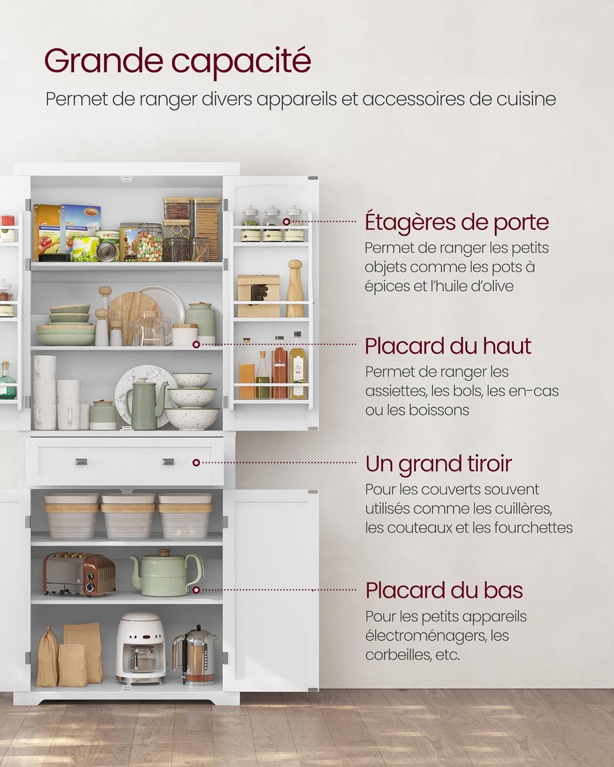 VASAGLE - Buffet haut série BBC561W21 - 182 cm - armoire à tiroirs, étagères réglables, blanc - BBC561W21