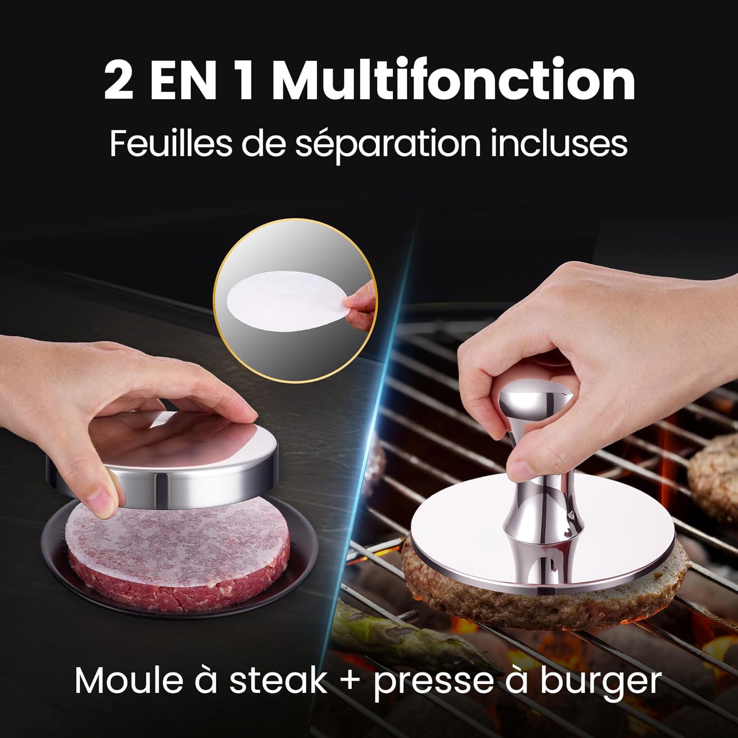 Presse à hamburger 2 en 1 inox, facile à nettoyer, moule poli miroir