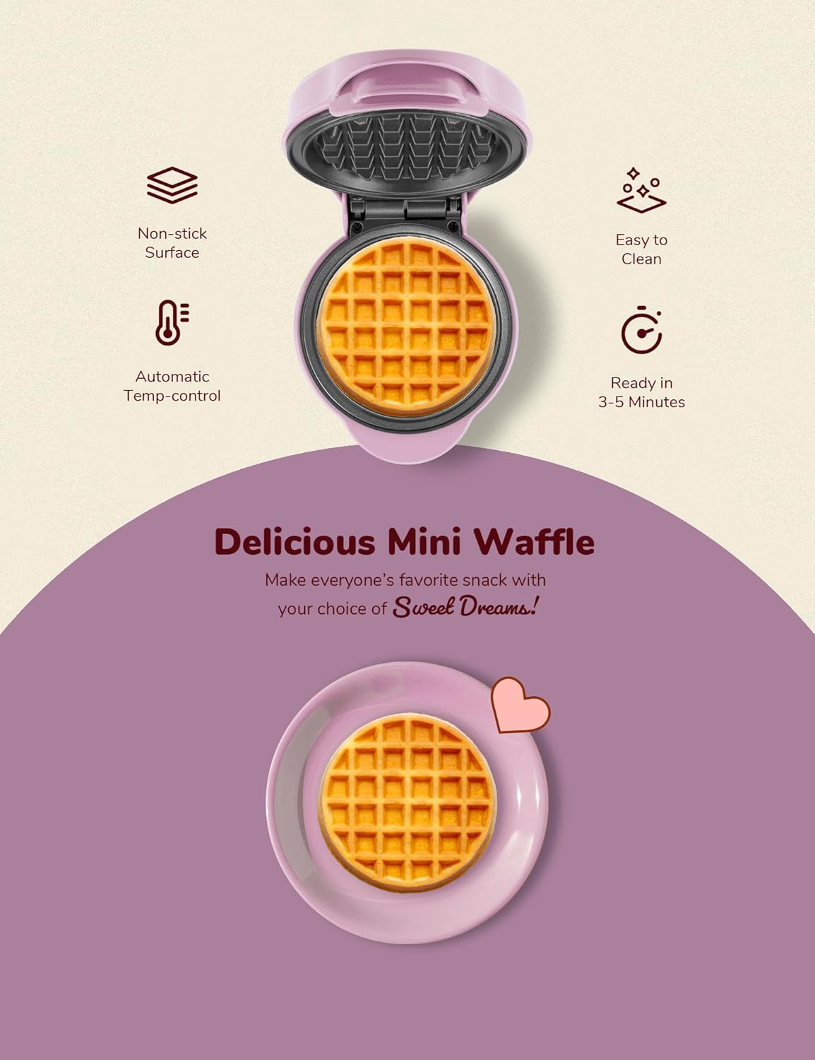 Bestron - mini gaufrier rétro rose mat - compact - revêtement antiadhésif