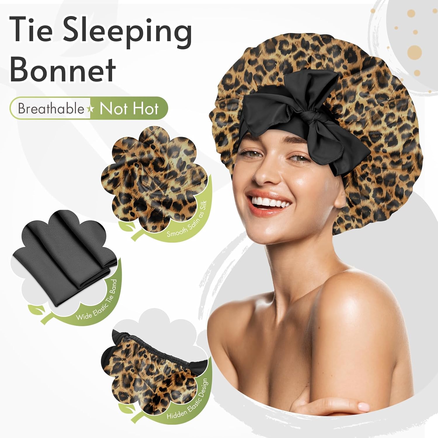 BONNET QUEEN - bonnet satin moyen - ajustable, élastique long, léopard