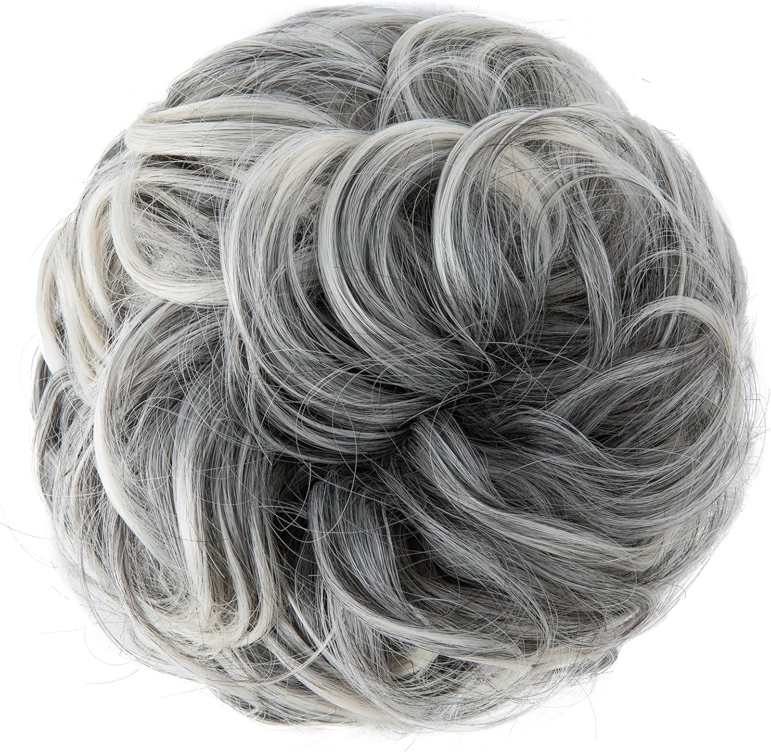 JJstar - Chignon postiche bouclé, gris mèches blanches, élastique, aspect naturel