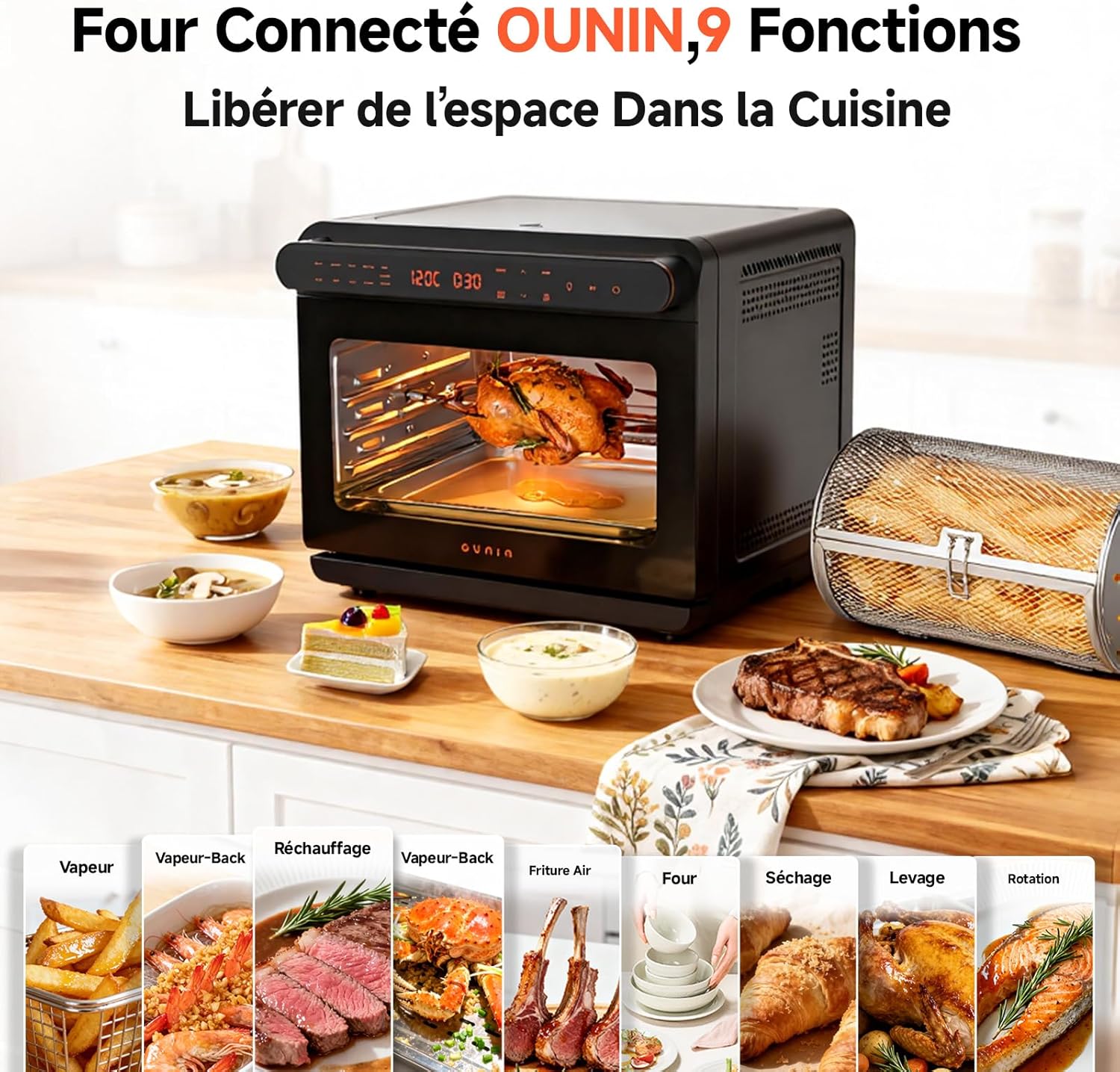 OUNIN - Four Vapeur 24L - inox, LED, 9-en-1, multifonction