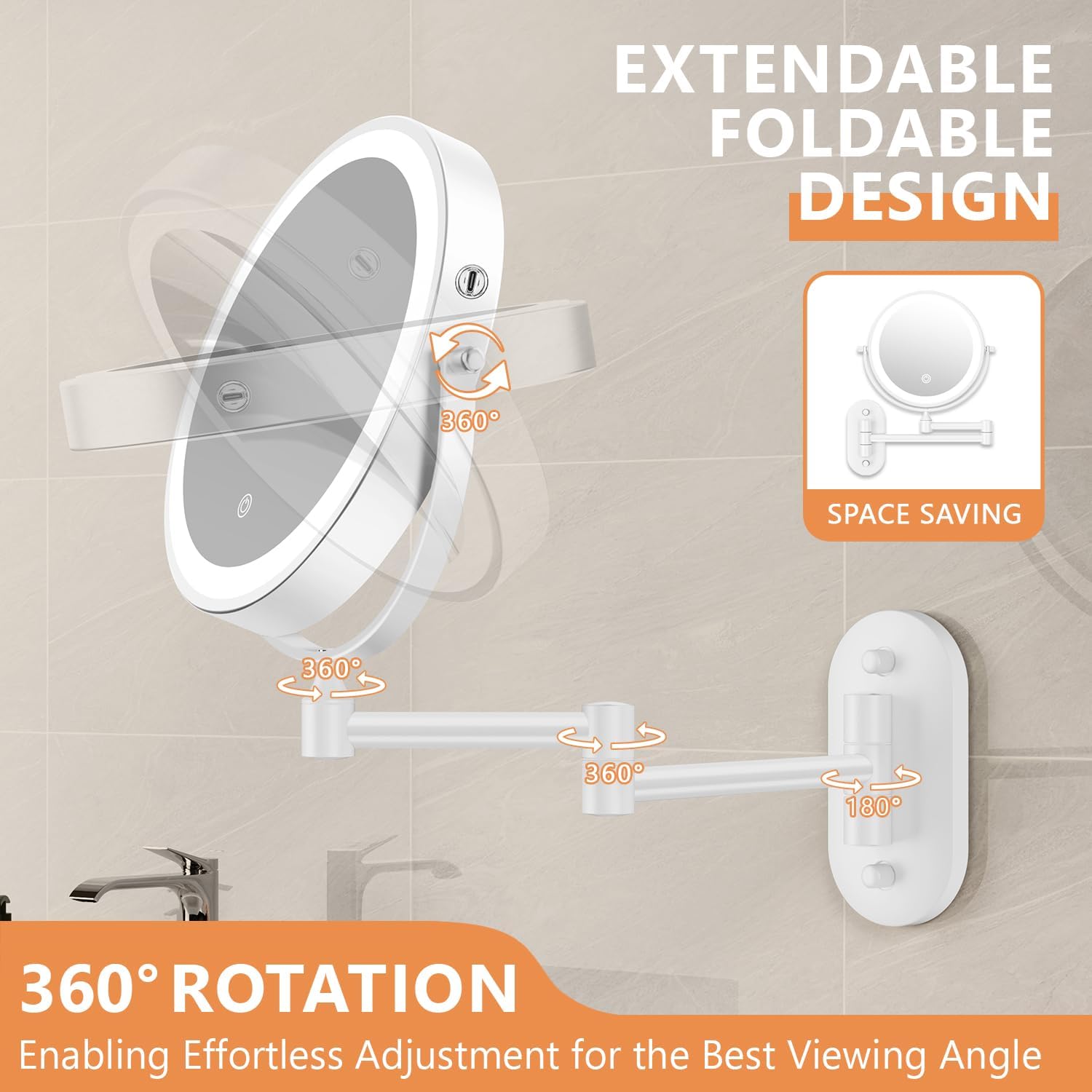 Auxmir - miroir mural série lumineuse - 8 pouces - grossissement 1x/30x, 3 couleurs, tactile, USB, 360° pivotant