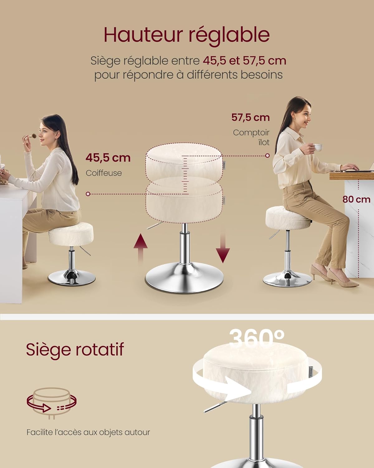 VASAGLE - tabouret réglable PU, blanc crème, coussin épais, 360°, LJB120W01