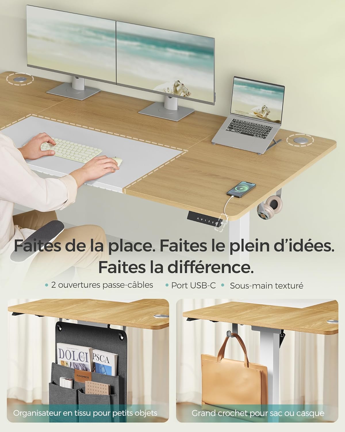 SONGMICS - bureau électrique assis-debout, 180x80cm, mémoire 4 hauteurs, port USB-C, LSD028YD02