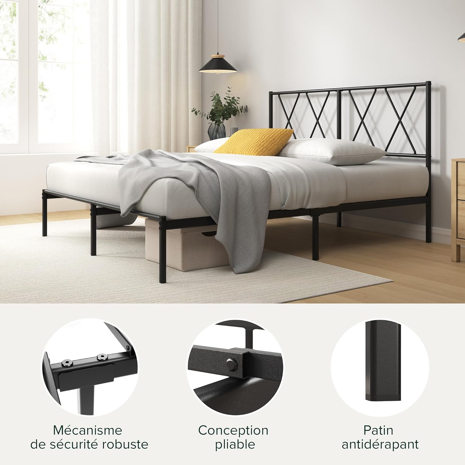 Zinus - Elias - 140x190 cm - lit double métal, lattes robustes, rangement 30 cm