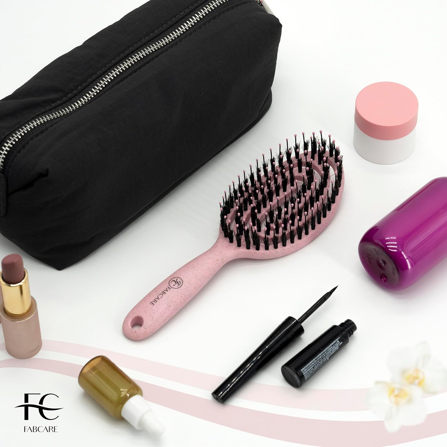 FABCARE - Mini brosse cheveux, poils sanglier, double ressort, compacte, rose