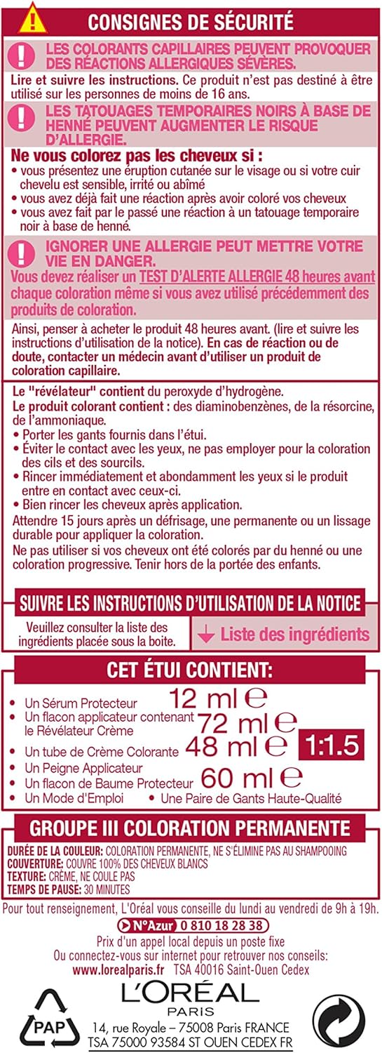 L'Oréal Paris - Excellence Crème - coloration permanente soin, lot de 2, 100% couverture cheveux blancs