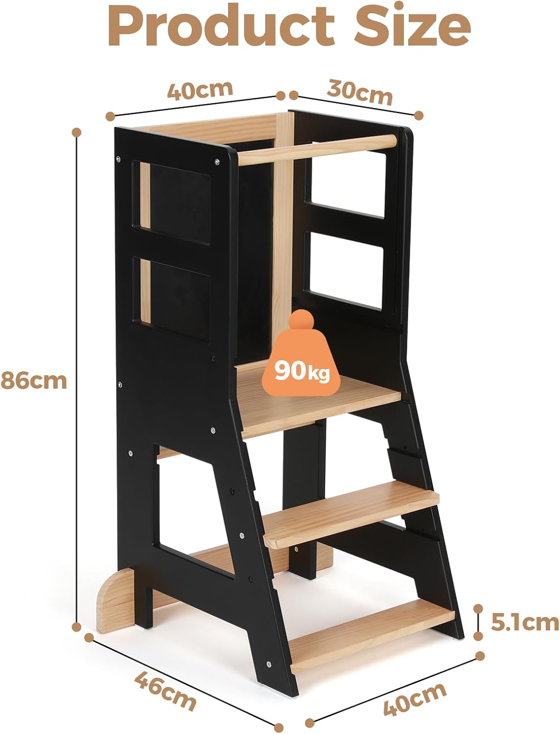 KIDINIX - Tour d'apprentissage réglable, bois/noir, anti-basculement, tableau