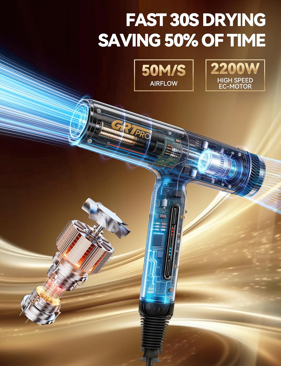 Sèche-cheveux professionnel - 2200W, ions négatifs, 4 températures, 3 vitesses, 320g, 100,000RPM