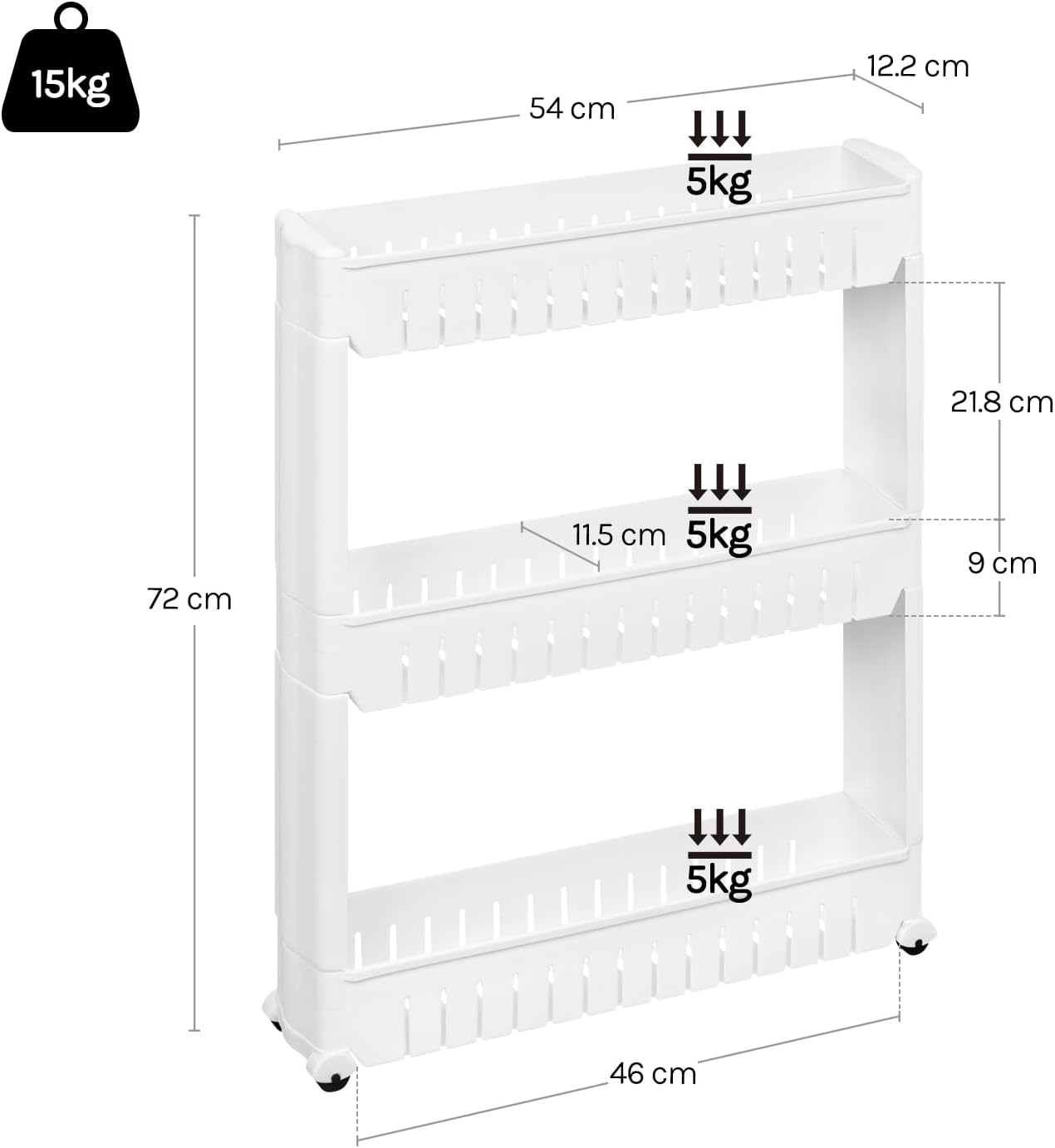 WOLTU - étagère de niche roulante 3 compartiments, blanc, compacte