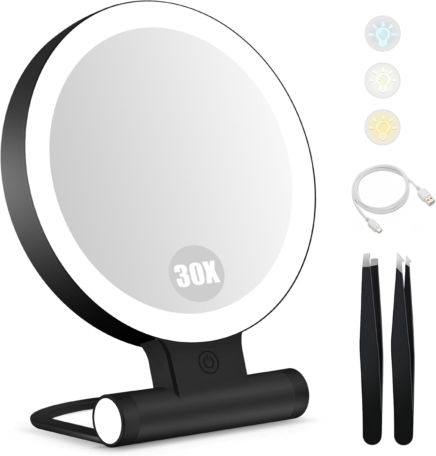Miroir de maquillage - double face 1X/30X, 2000mAh, 3 lumières, compact