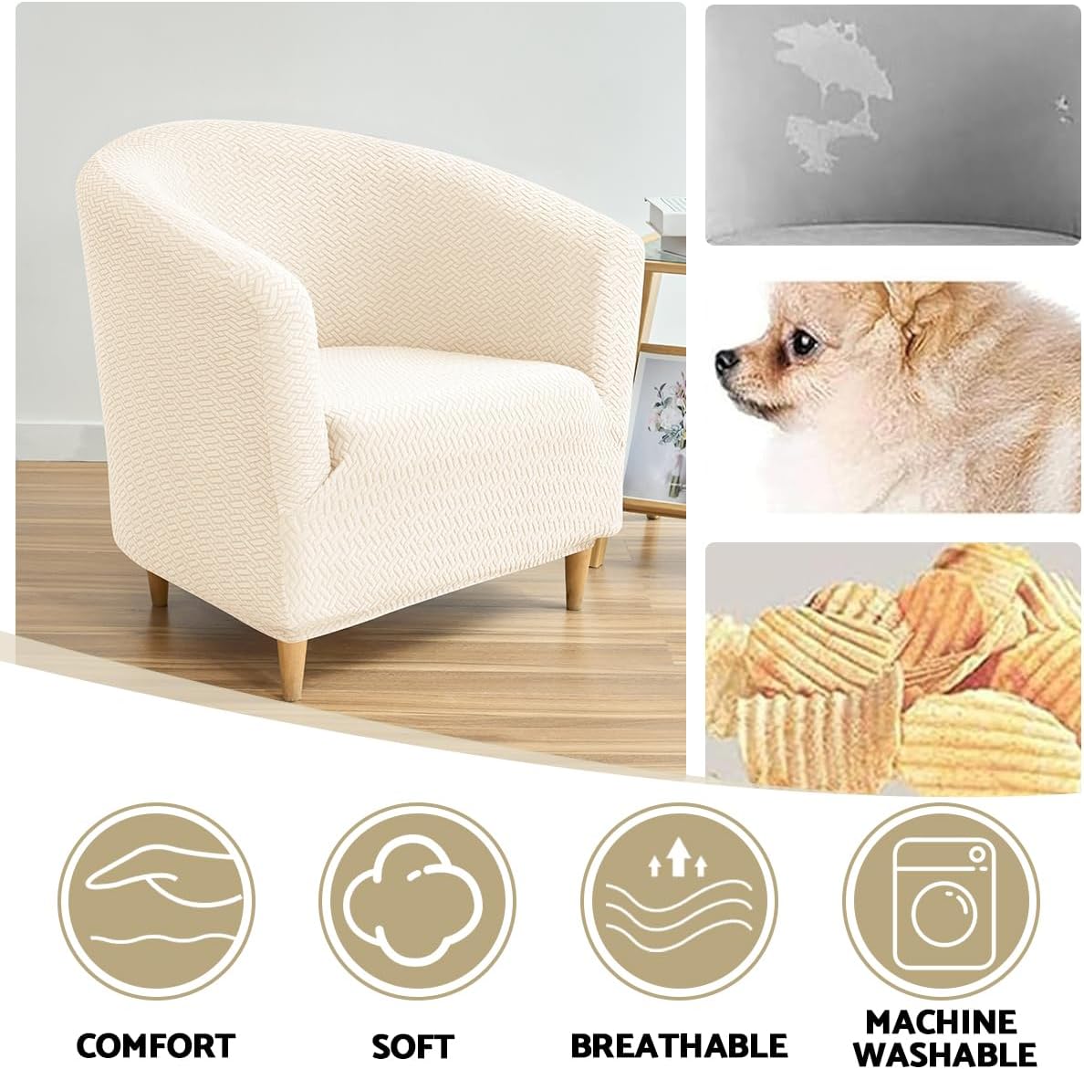 Housse de fauteuil cabriolet - Chesterfield jacquard beige - 1 place - Extensible, universelle, pour salon/café