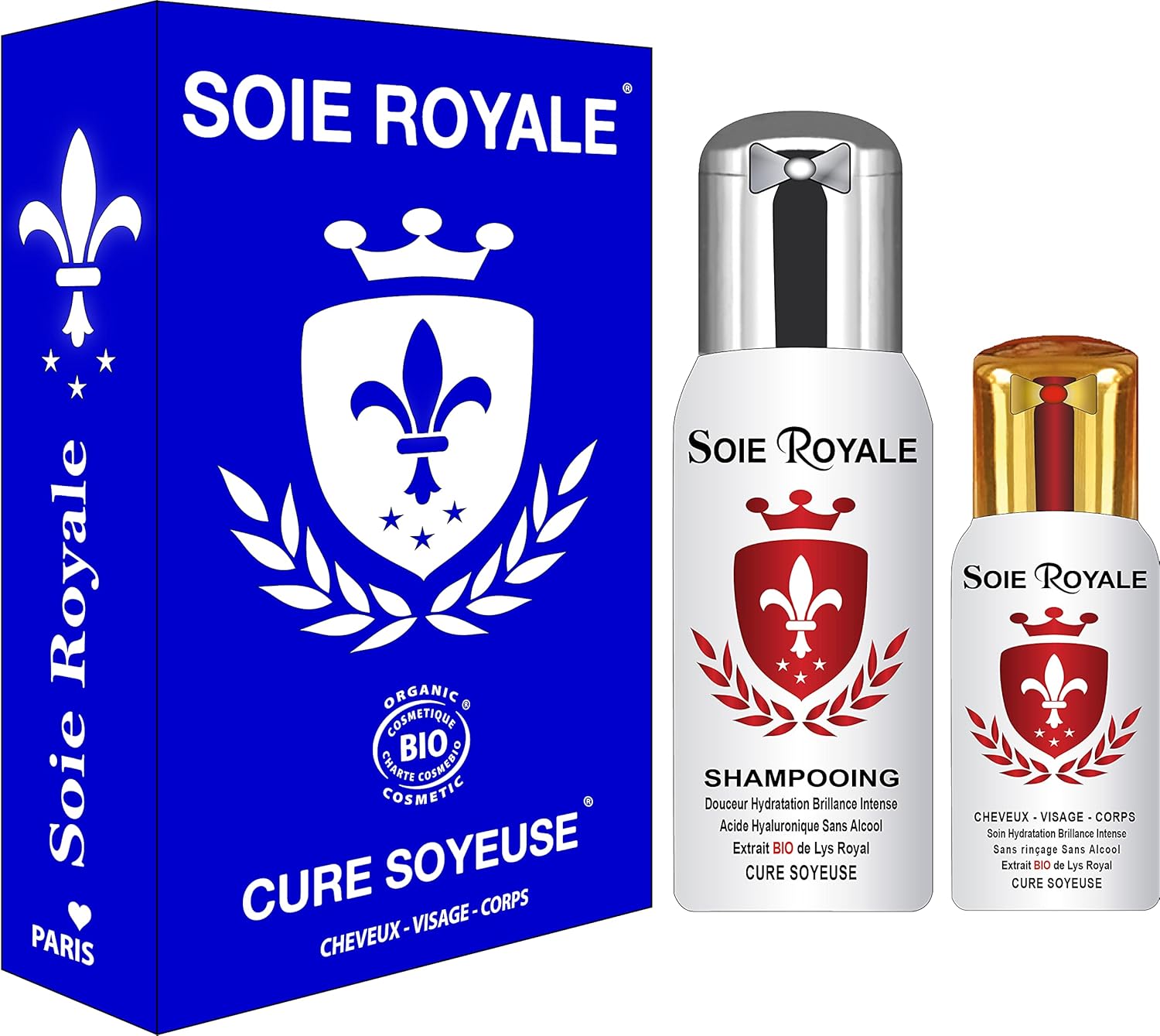 Coffret soins BIO - sérum 66ml, shampoing 125ml - hydratant, brillance, fleur de lys, coco, acide hyaluronique, certifié