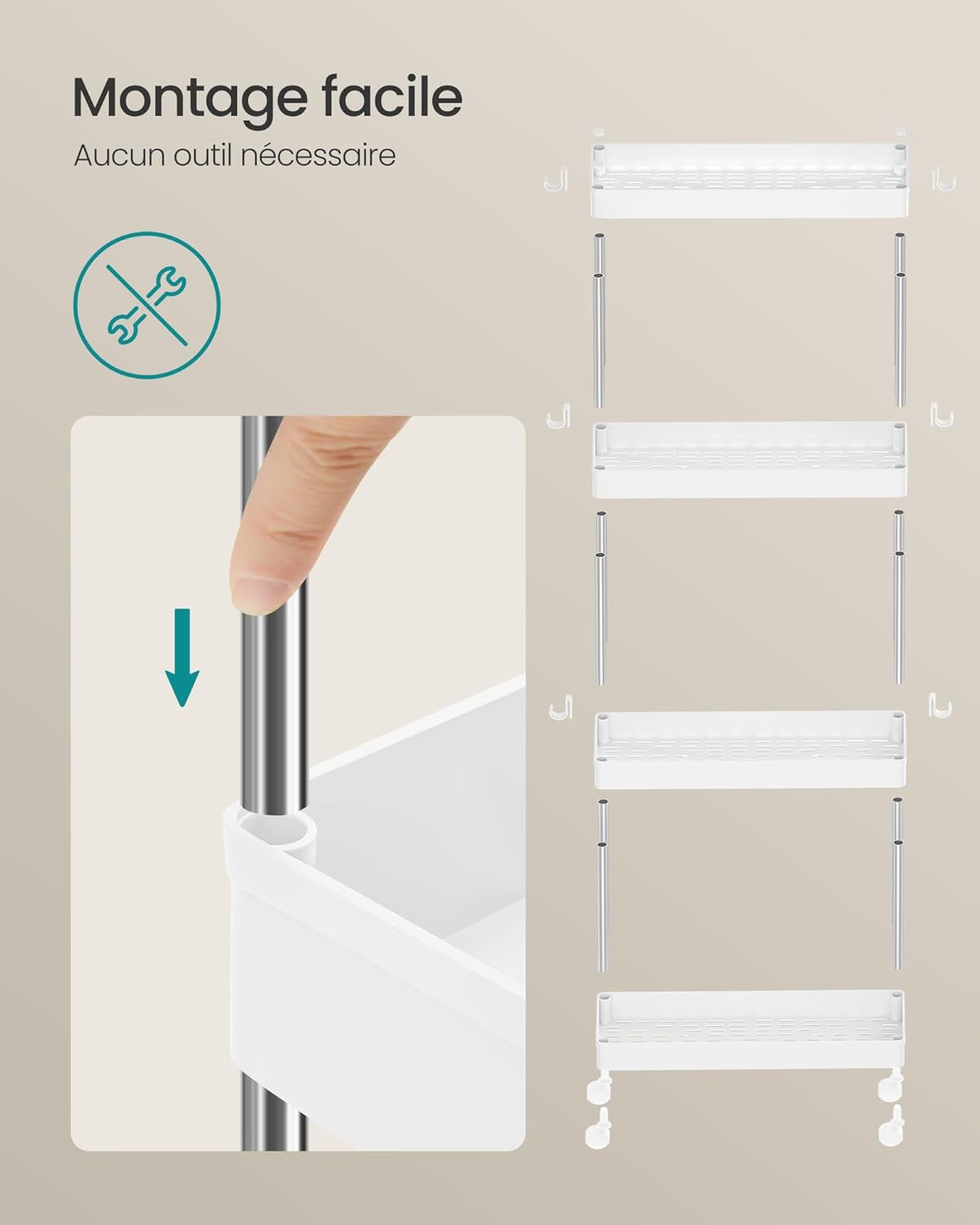 SONGMICS - chariot cuisine 4 niveaux, acier, crochets, 14,4x42x86cm, KSC08WT