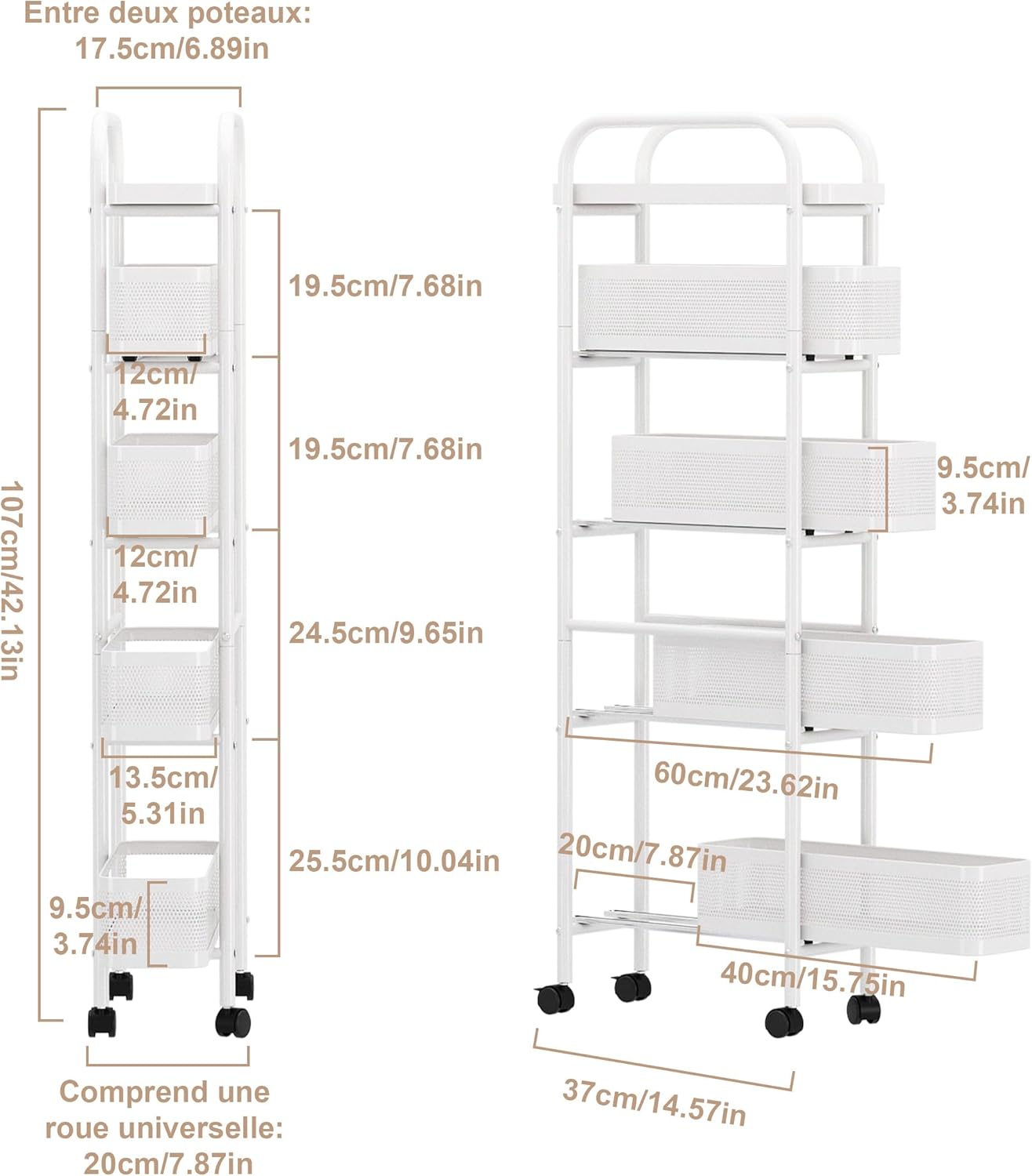 UMDONX - Chariot de rangement 5 niveaux, métal, étroit, tiroirs, blanc