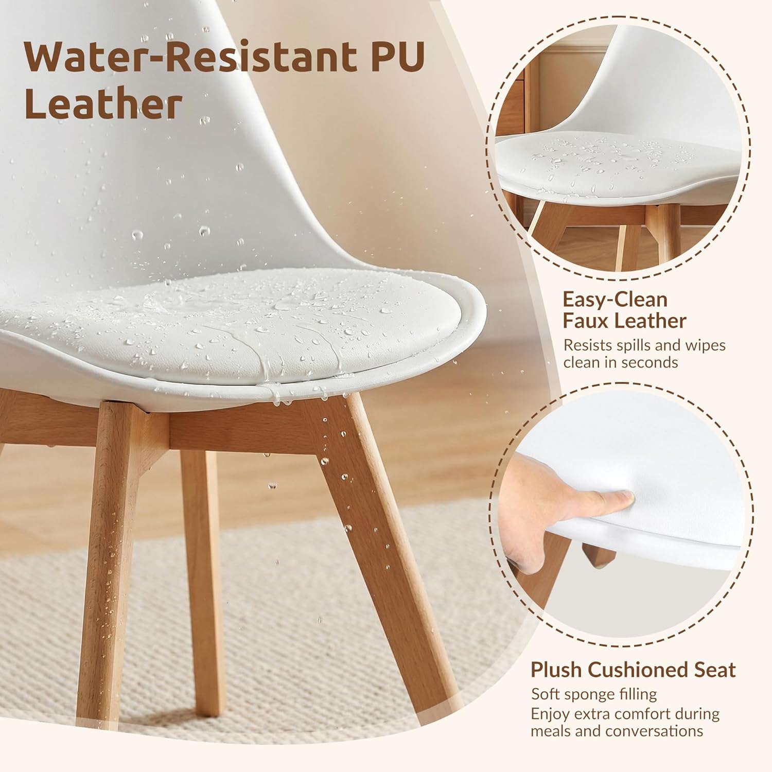 CangLong - ensemble 4 chaises rétro - bois hêtre - blanc, sièges capitonnés