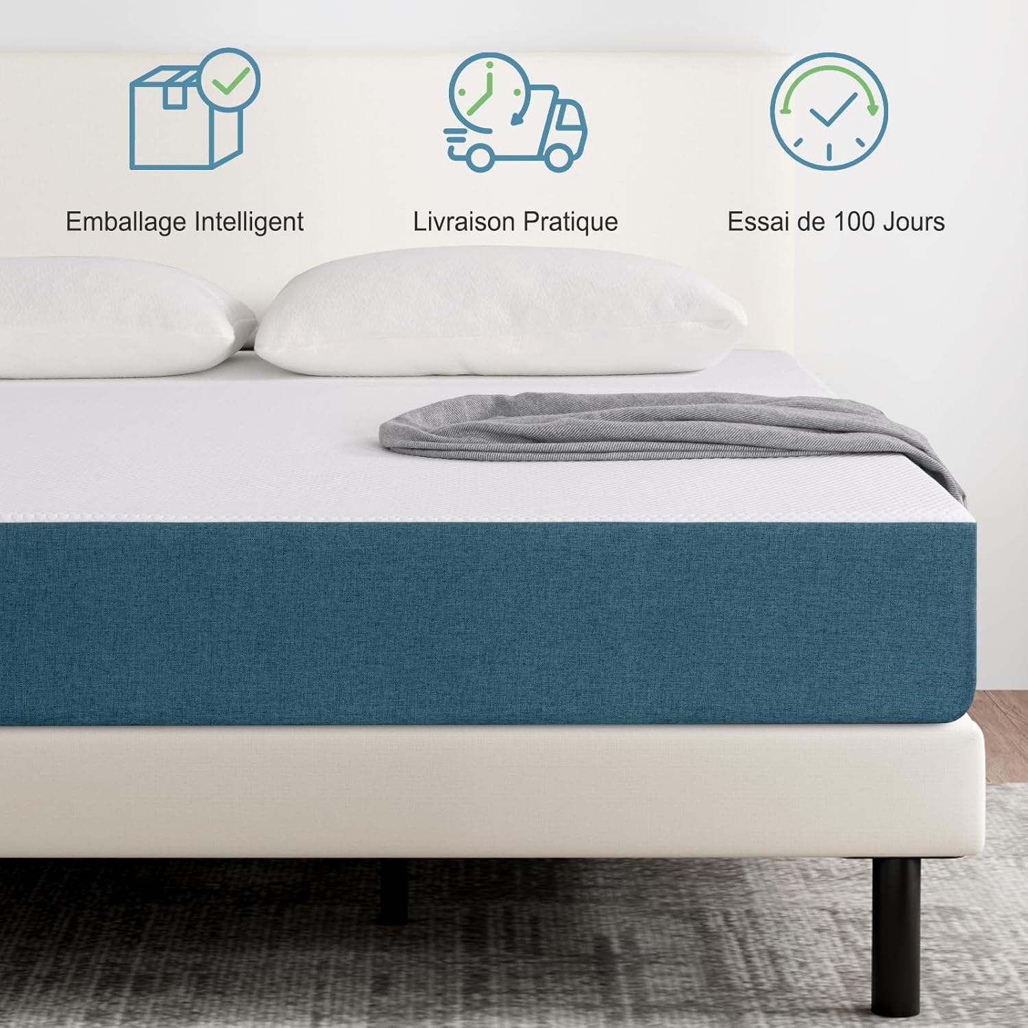 Matelas mousse mémoire, 140x190cm, 22cm, soutient moyen, réversible