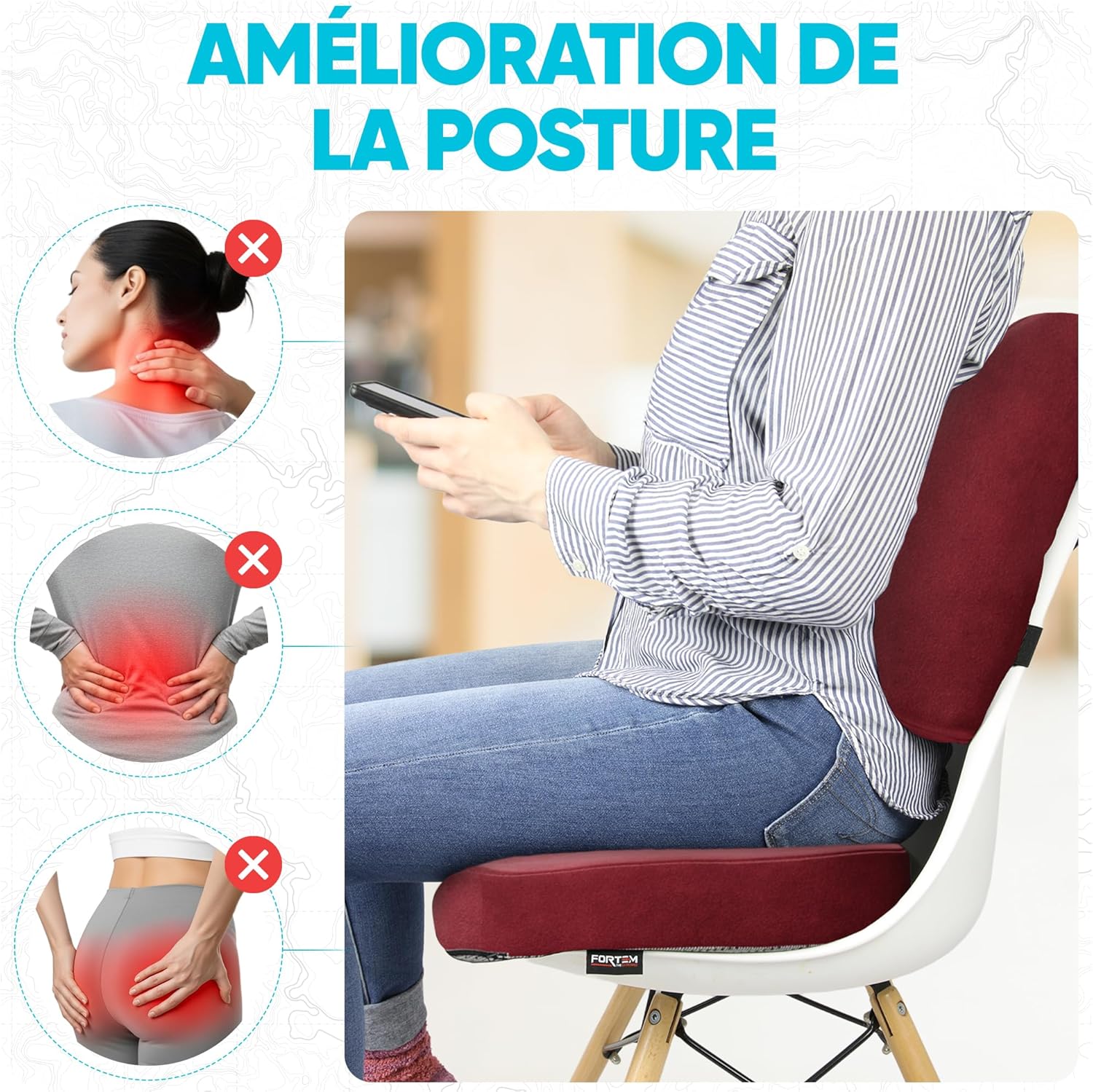 FORTEM - coussin lombaire et assise - mousse mémoire, antidérapant, soutien prolongé
