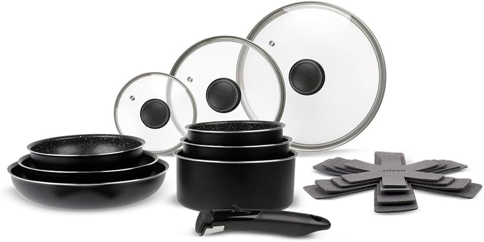 Sitram - Batterie cuisine aluminium 14 pièces, 3 poêles, 3 casseroles, couvercles, manche amovible, feutrines - 713500