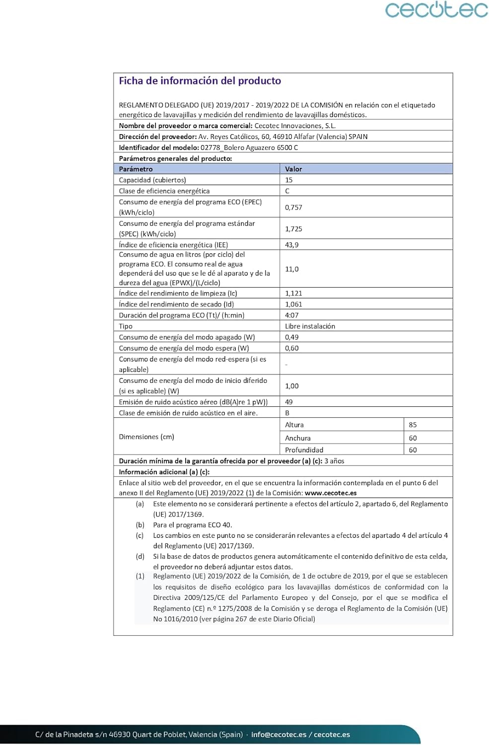 Cecotec - Bolero Aguazero 6500 Dark - 60 cm - 15 couverts, 6 programmes, moteur Inverter Plus