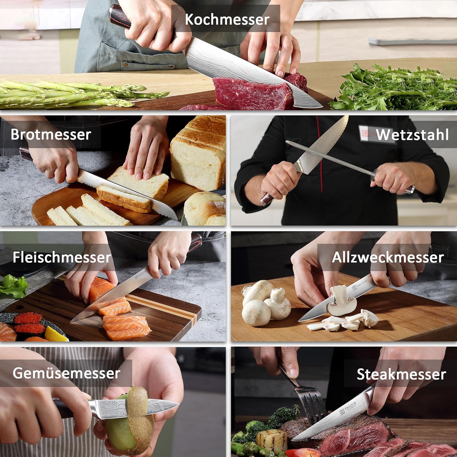 PAUDIN - Set Couteaux Cuisine Série Pro - 14 pcs - Acier Allemand, manche bois