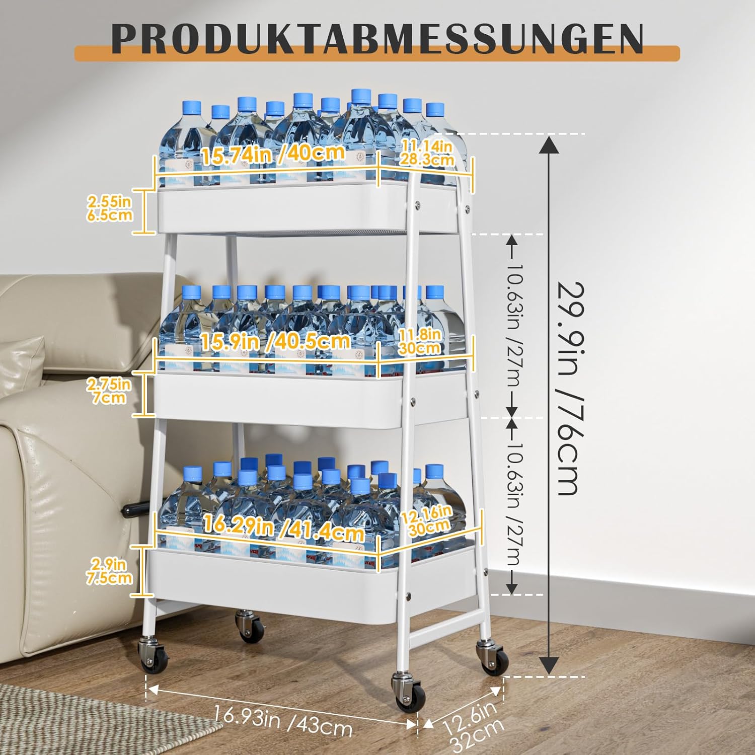 Chariot mobile 3 niveaux - métal, roulettes, 2 freins - blanc