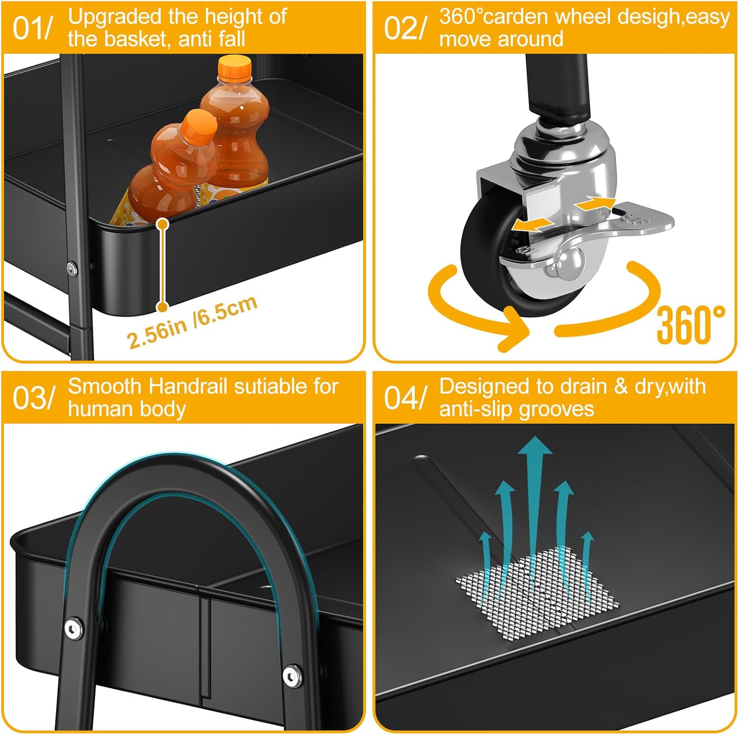 Chariot de rangement - 3 étages - métal, roulettes, polyvalent, noir