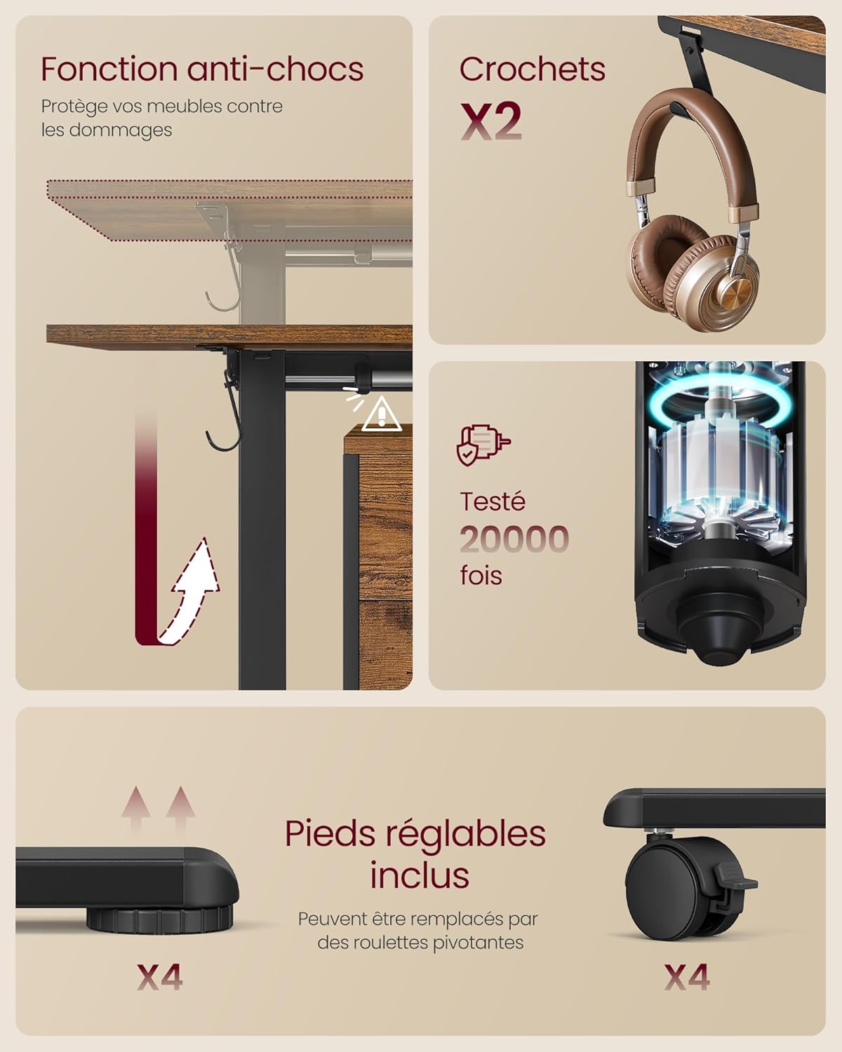 VASAGLE - cadre bureau réglable, acier, 3 mémoires, noir, LSD021B01V2