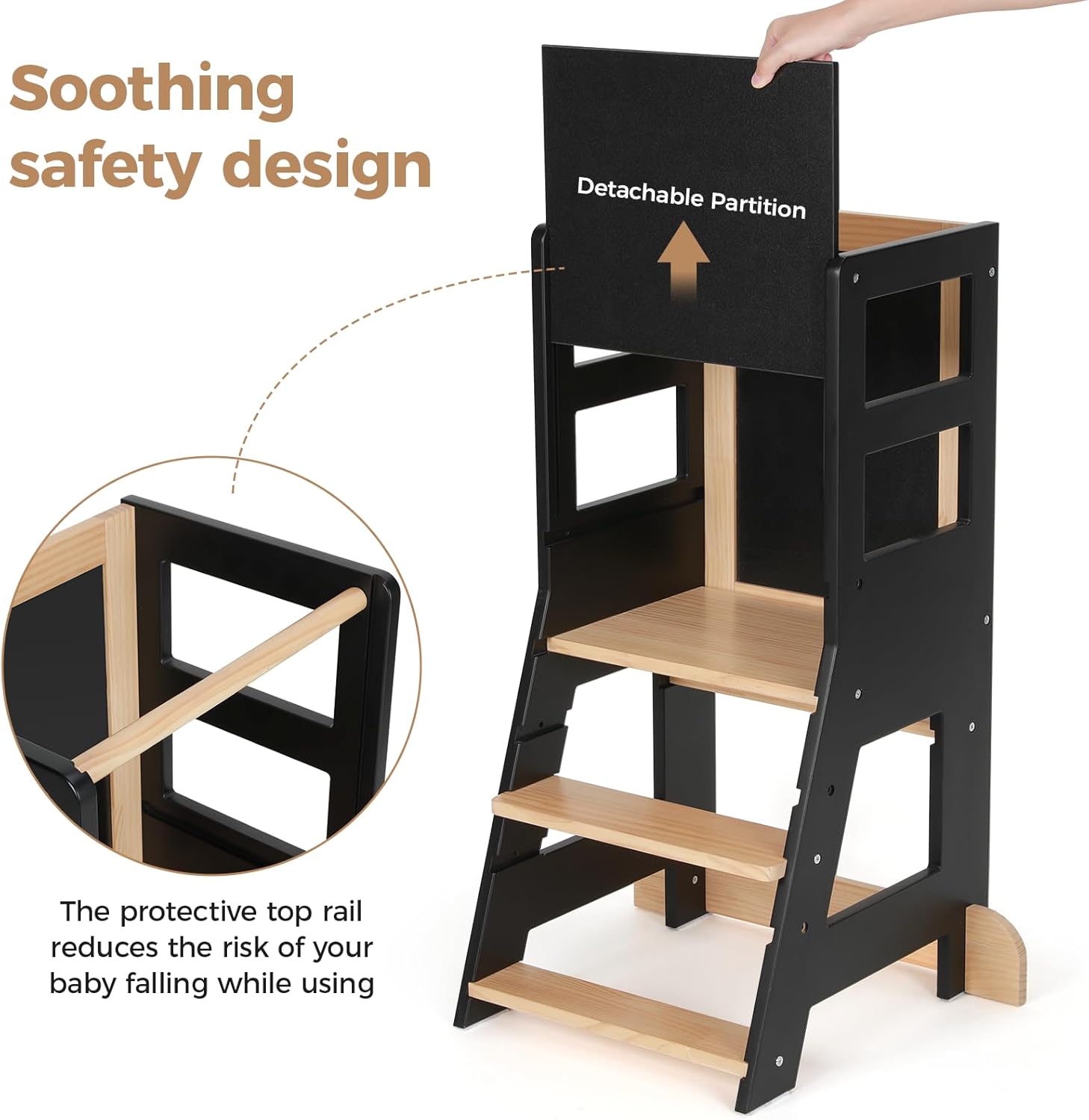 KIDINIX - Tour d'apprentissage réglable, bois/noir, anti-basculement, tableau
