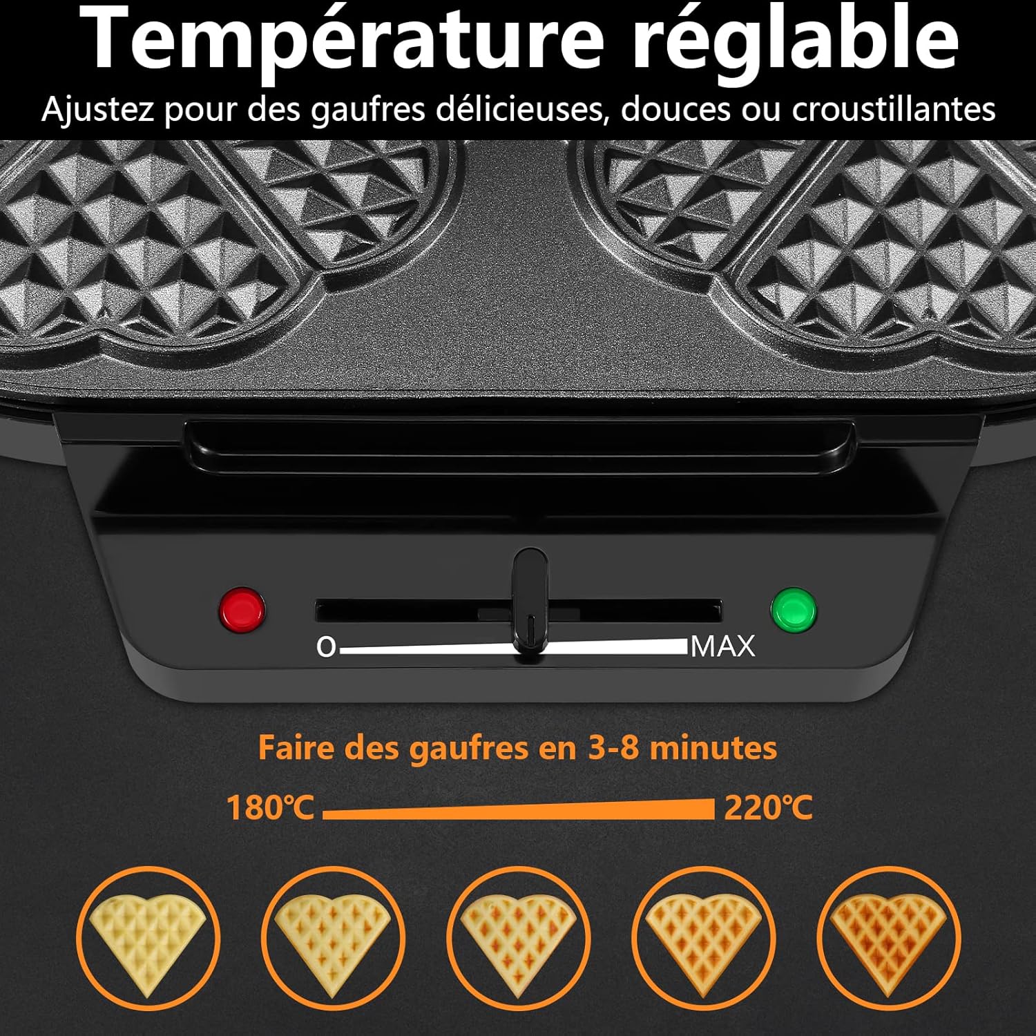 YASHE - Machine à gaufres cœur - 1200W, 5 températures, antiadhésif, argent/noir