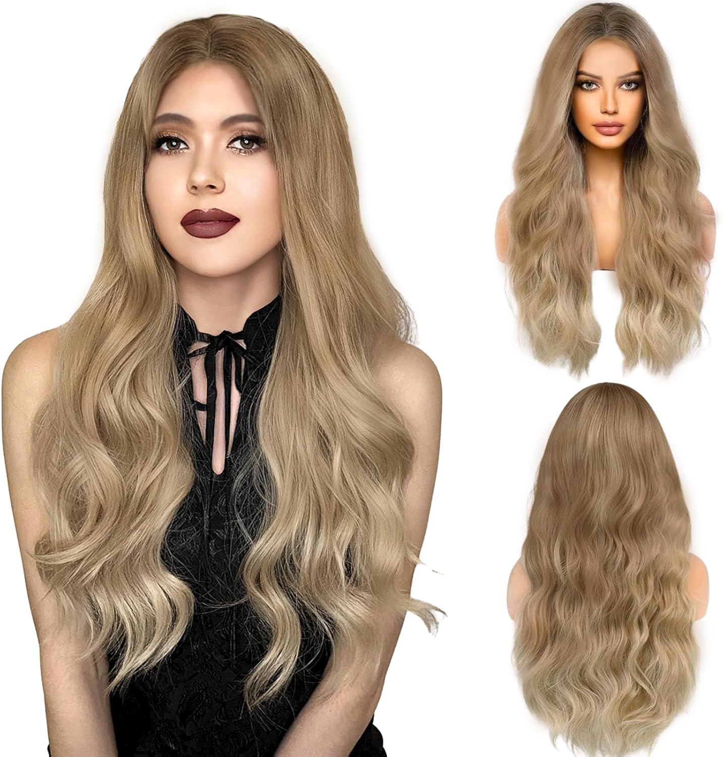 Perruque longue ondulée femme 68cm, synthétique, centre, blonde