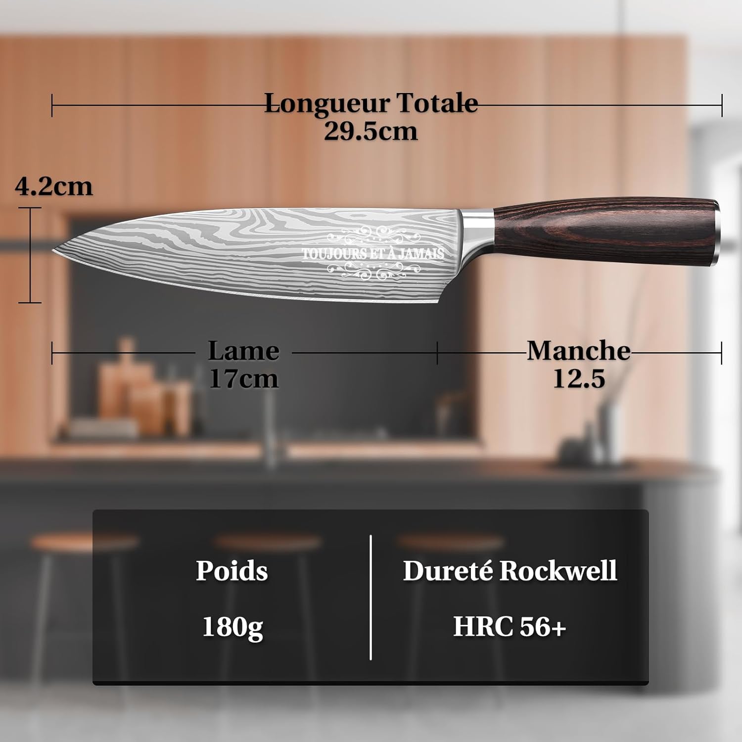 Couteau de chef personnalisé – lame inox, manche ergonomique, cadeau homme/femme, longueur 20cm