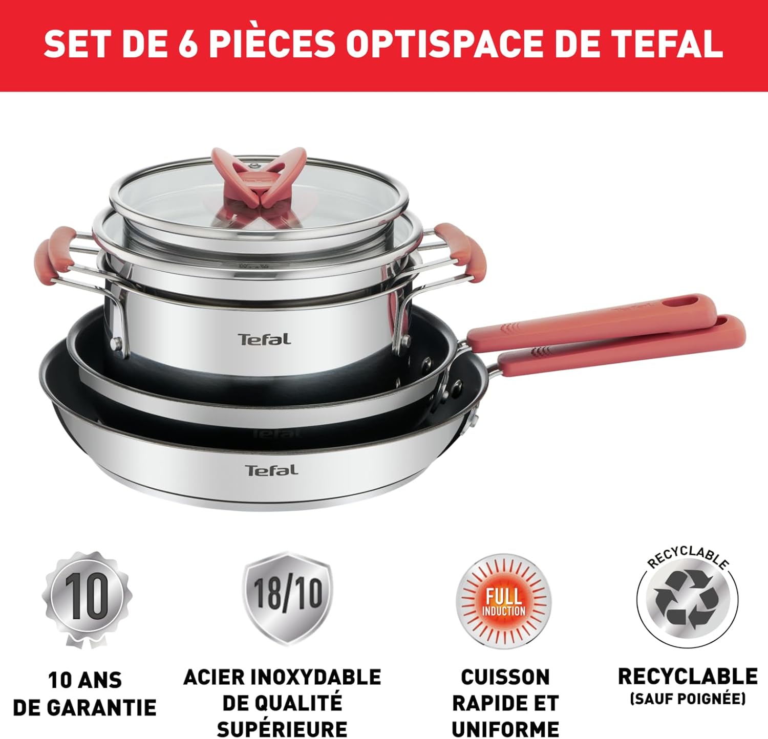 Tefal - OPTI'Space - batterie 6 pcs inox/antiadhésif, induction, G720S604