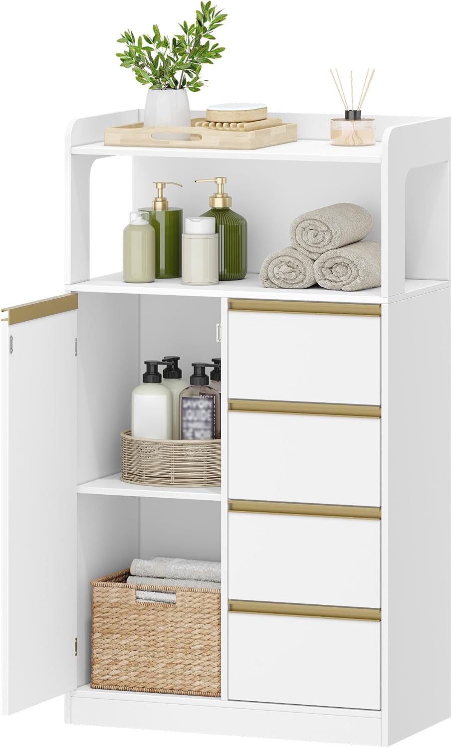 Meuble Salle de Bain - rangement placard 4 tiroirs, blanc, 30x60x110cm