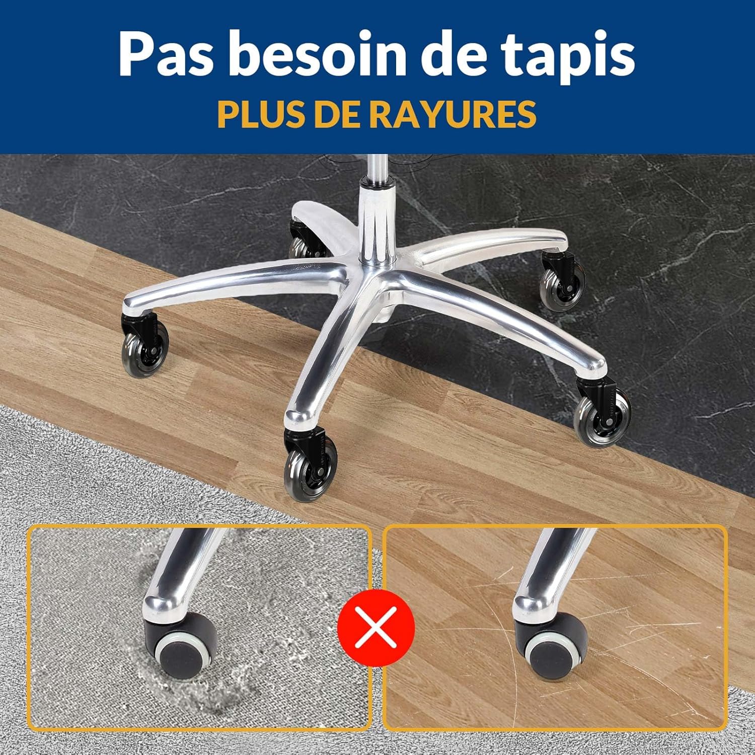 COSYLAND - roulette chaise bureau - 11x22mm - 300kg, 360° fluide, 7.5cm, argenté