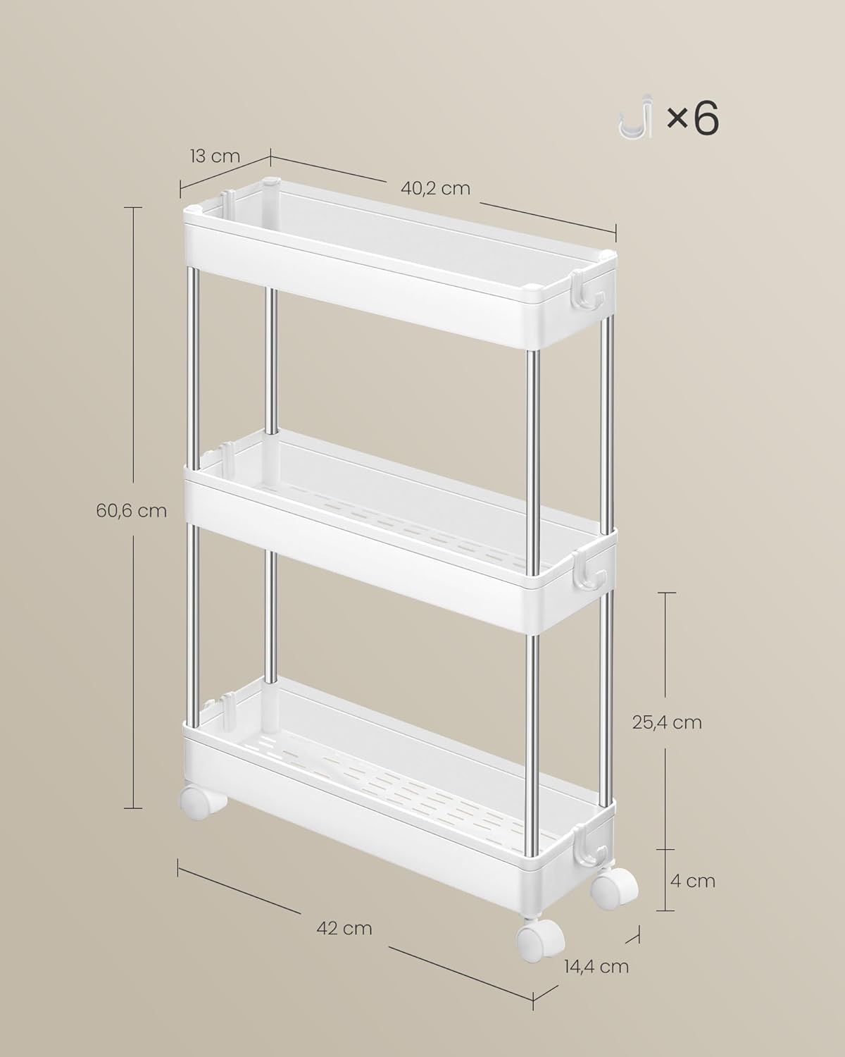 SONGMICS - chariot cuisine 3 niveaux, acier, 42x14,4x60,6 cm, 6 crochets, KSC007W01